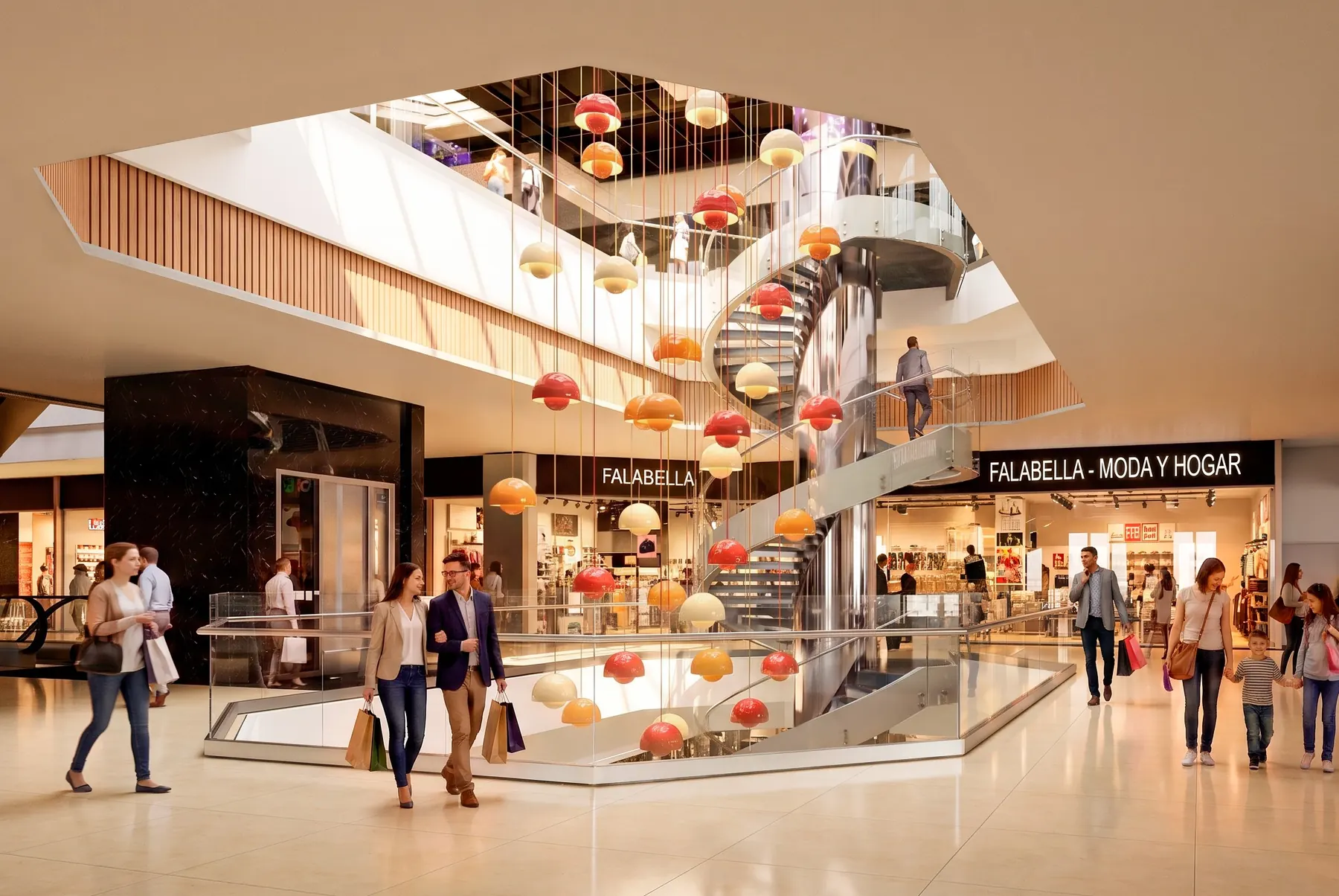 Shopping Mall coffee bar kiosk beneath spiral staircase, Plan A render