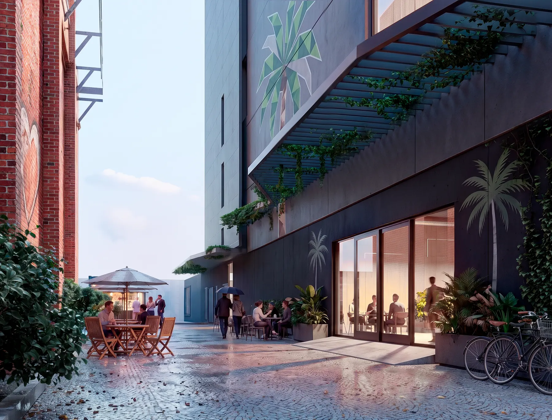 Shopping Mall outdoor courtyard with cafe seating, Plan A render