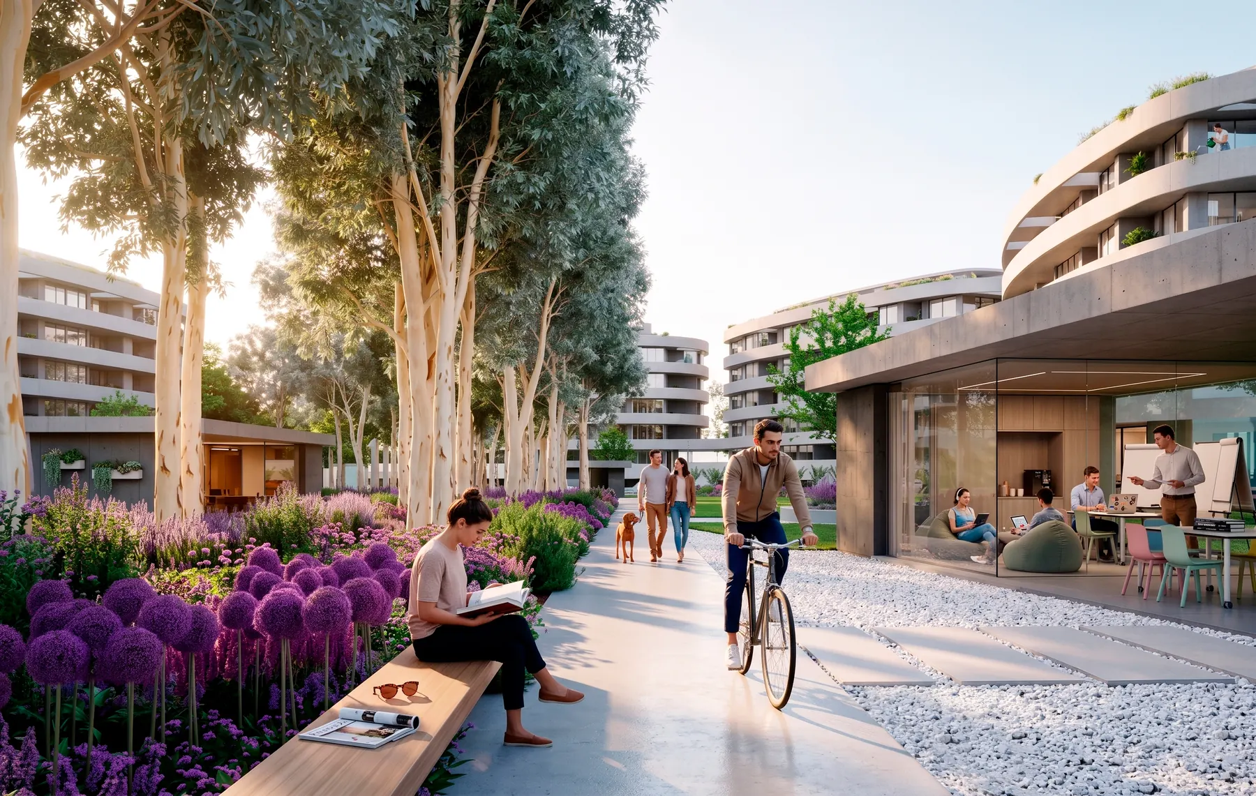 Canning Development landscaped garden walkway between residential buildings, Plan A render